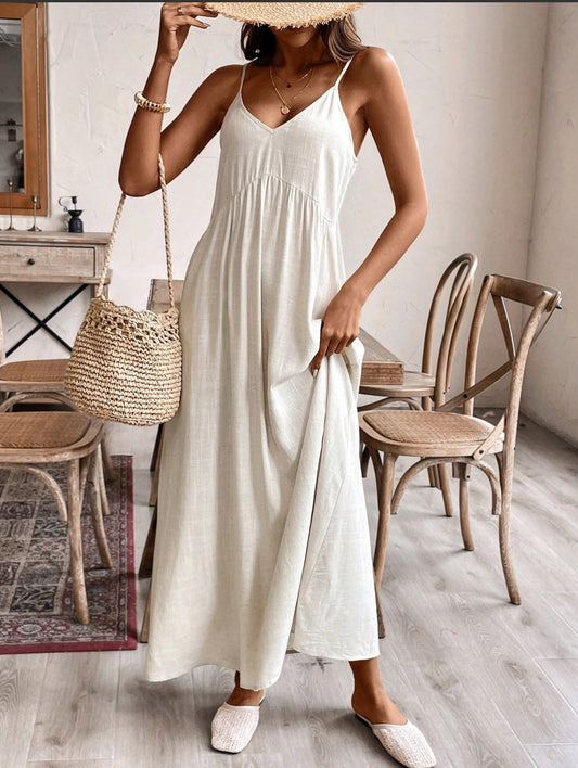 Halter loose solid color cotton linen dress