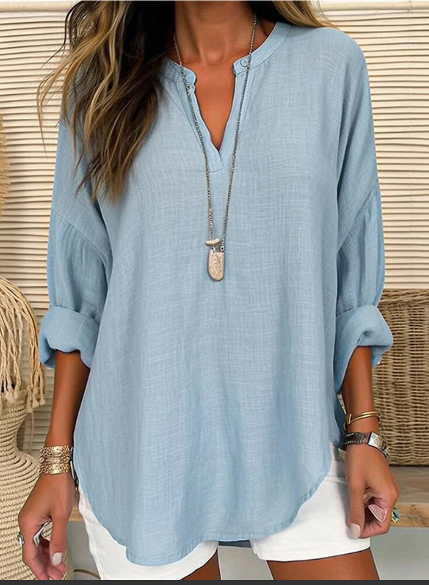 CWTBLL0260_Blouse Linen Long Sleeve Casual V Neck Top