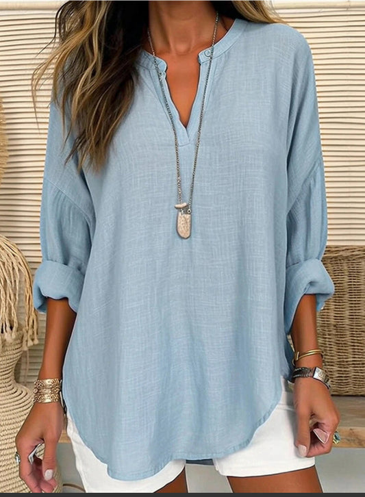 CWTBLL0260_Blouse Linen Long Sleeve Casual V Neck Top