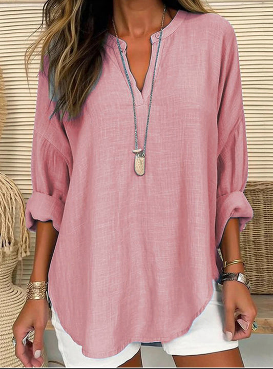 CWTBLL0260_Blouse Linen Long Sleeve Casual V Neck Top