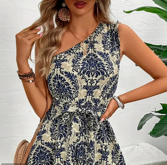 Printed drawstring jumpsuit with sloping shoulder